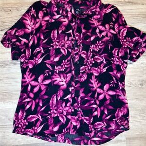 Basic Editions Pink and Black Floral Button Down Shirt